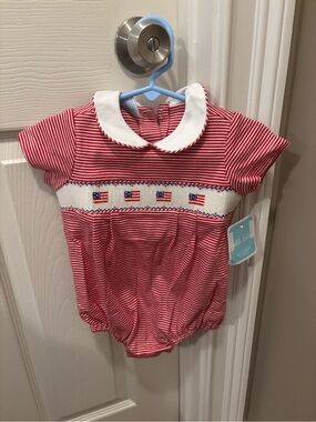 NWT Petit Bebe Red Flag Embroidered Romper